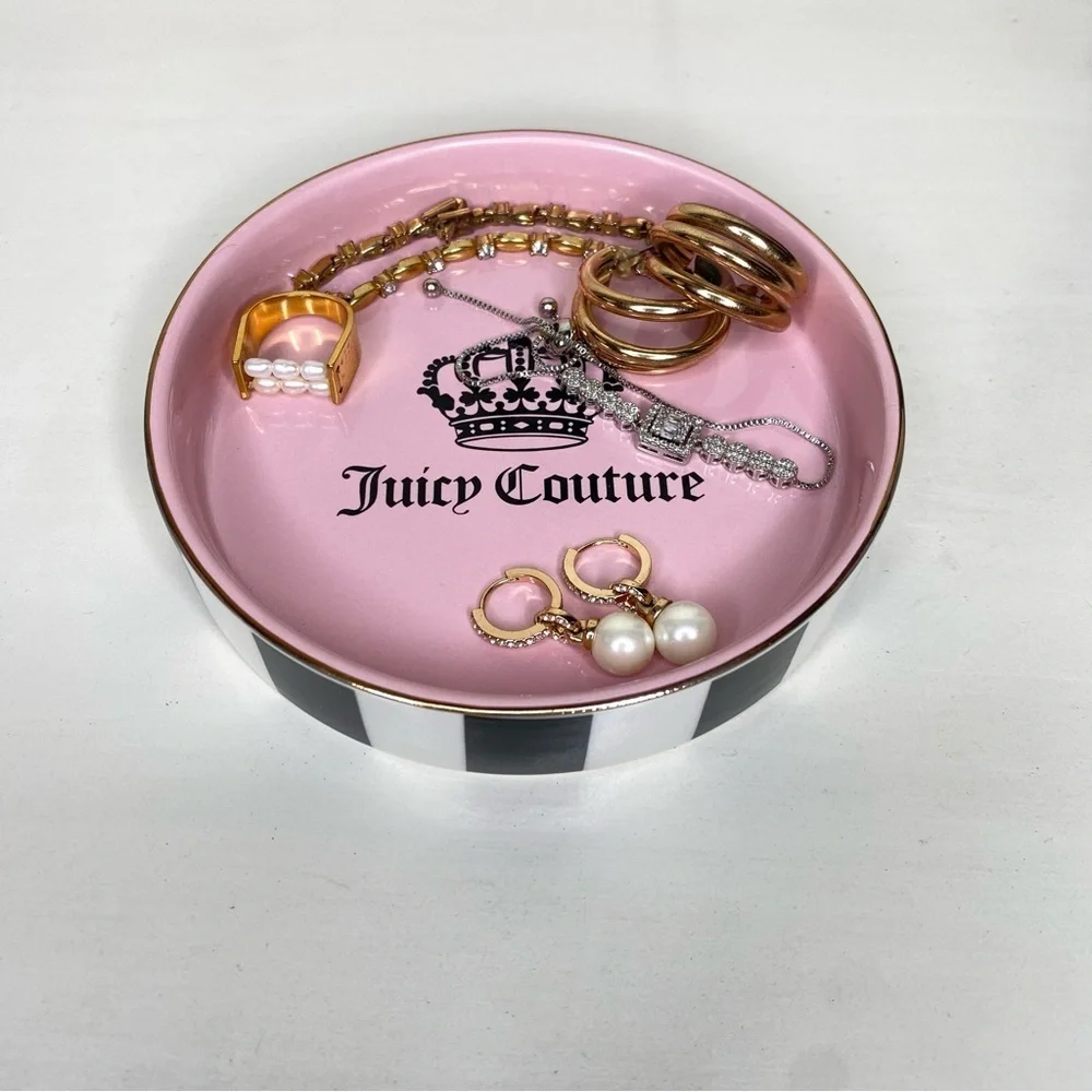 Juicy Couture Pink Jewelry Trinket Dish Tray with Black and White Stripes New
